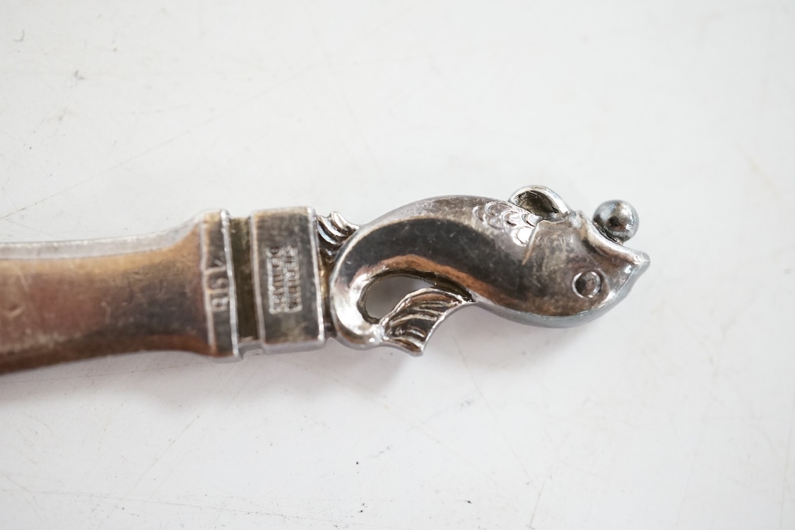 A 1960's Georg Jensen silver paperknife, design no.198, 11.5cm, with dolphin finial.